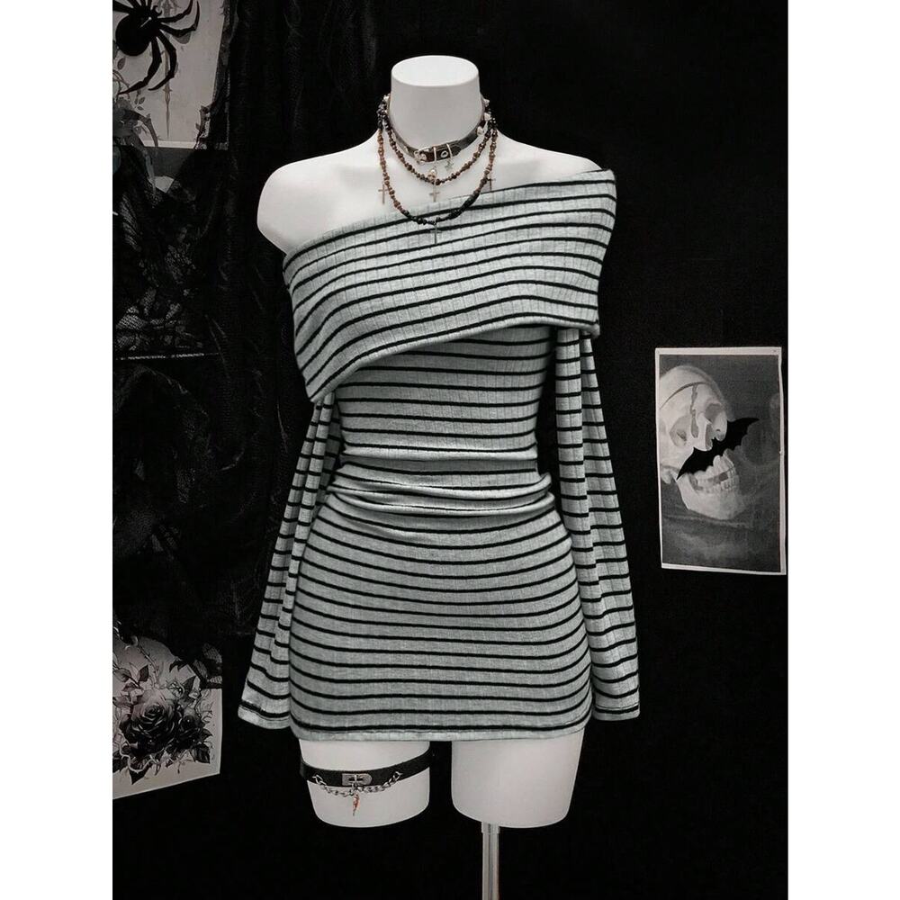 Emo Egirl E-girl Y2k Asymmetrical Off Shoulder Bodycon Gray Strip Dress L